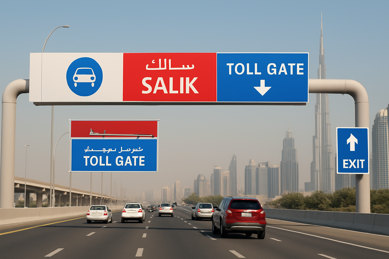 Dubai highway toll gate with clear signage