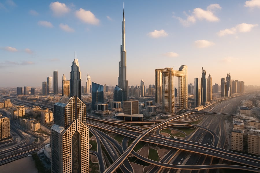 Dubai skyline and highway with smooth-flowing traffic Dubai skyline and highway with smooth-flowing traffic