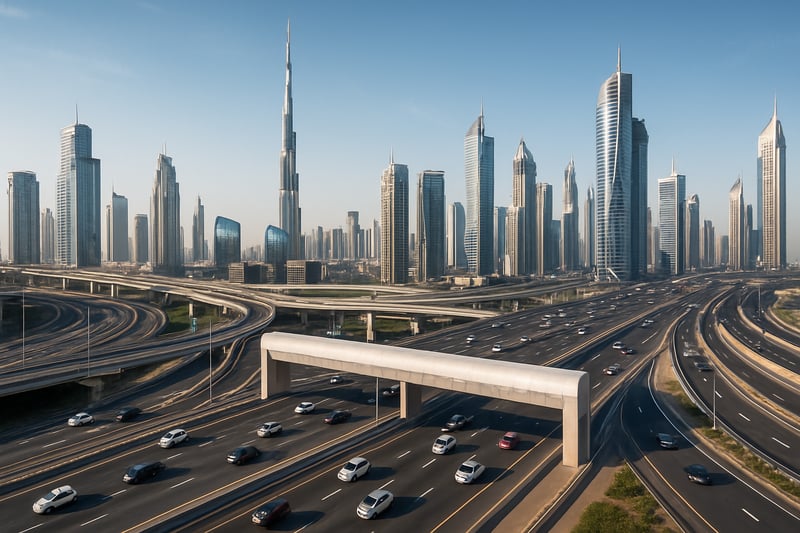 Dubai skyline with modern highways and toll gates Dubai skyline with modern highways and toll gates